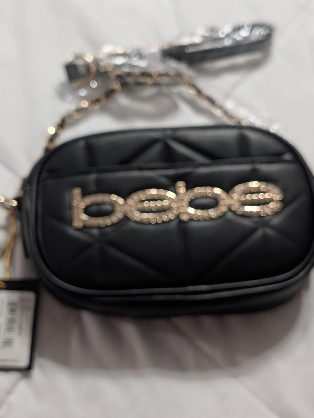 bebe Black Quilted Crossbody with Gold Logo Accent